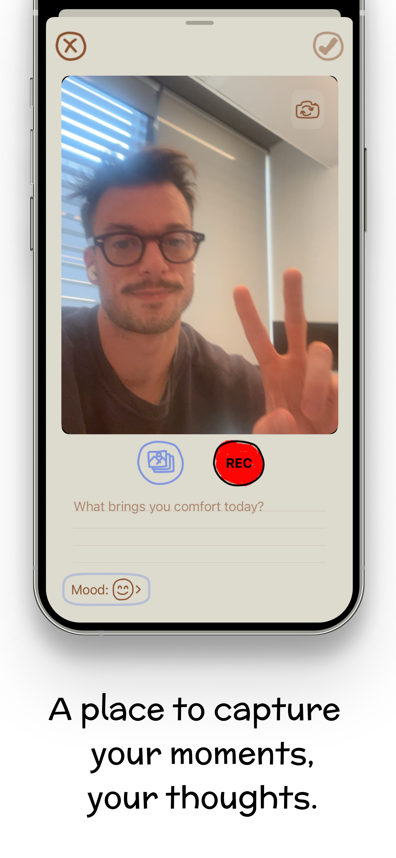 Recording a video diary entry with a daily journal prompt and mood tracker